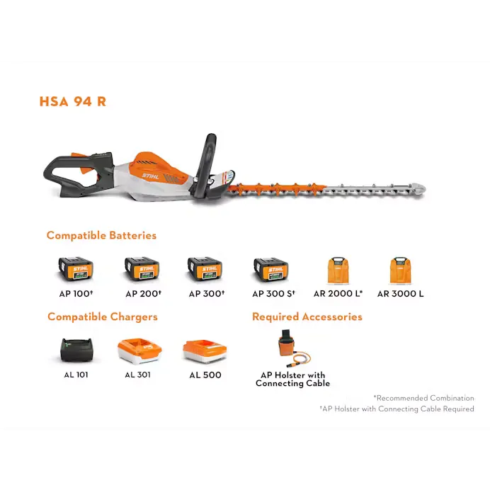 Stihl | HSA 94 R 24" Battery Hedge Trimmer | w/ AR 2000 L Backpack Battery, AL 500 Charger, Connecting Cable, AP adaptor, harness (HSA94R-AR2000-AL500-COMBO)