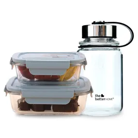 The Better Home Borosilicate Glass Lunch Box & Glass Water Bottle Set | Pack of 2 Glass Food Storage Containers (410ml,680ml) with 1 Glass Water Bottle (650ml) | Air Tight & Leak Proof