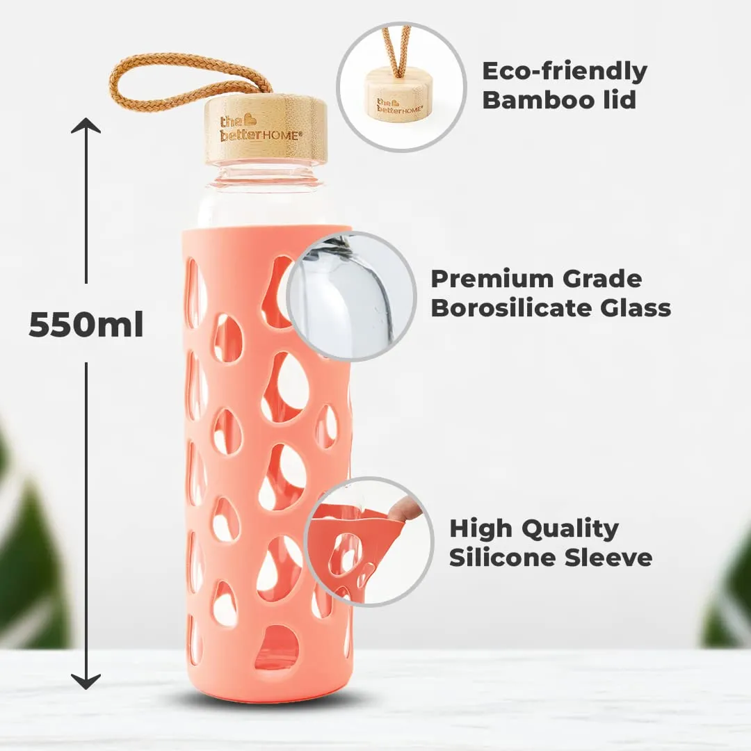 The Better Home Borosilicate Glass Water Bottle with Sleeve 550ml | Non Slip Silicon Sleeve & Bamboo Lid | Water Bottles for Fridge | Coral (Pack of 20)