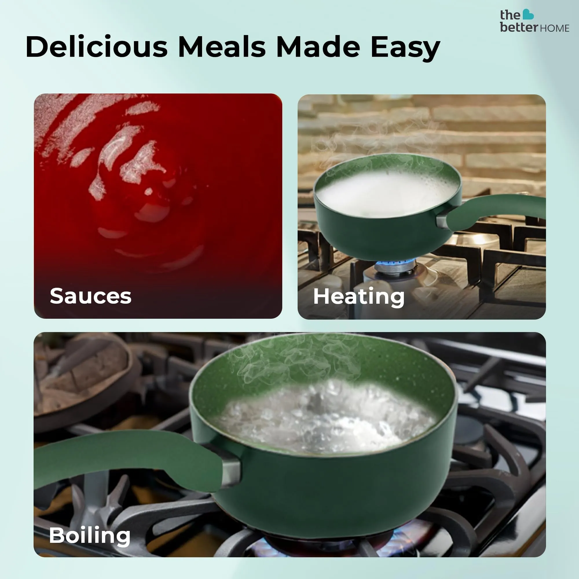 The Better Home Non Stick Aluminium Sauce Pan (1L)|Gas Cookware|Small Milk Tea Boiling Pan|Long Bakelite Handle|Easy Grip Handle|3 Layer Non Stick Coating|Non-Toxic & Lightweight, Green