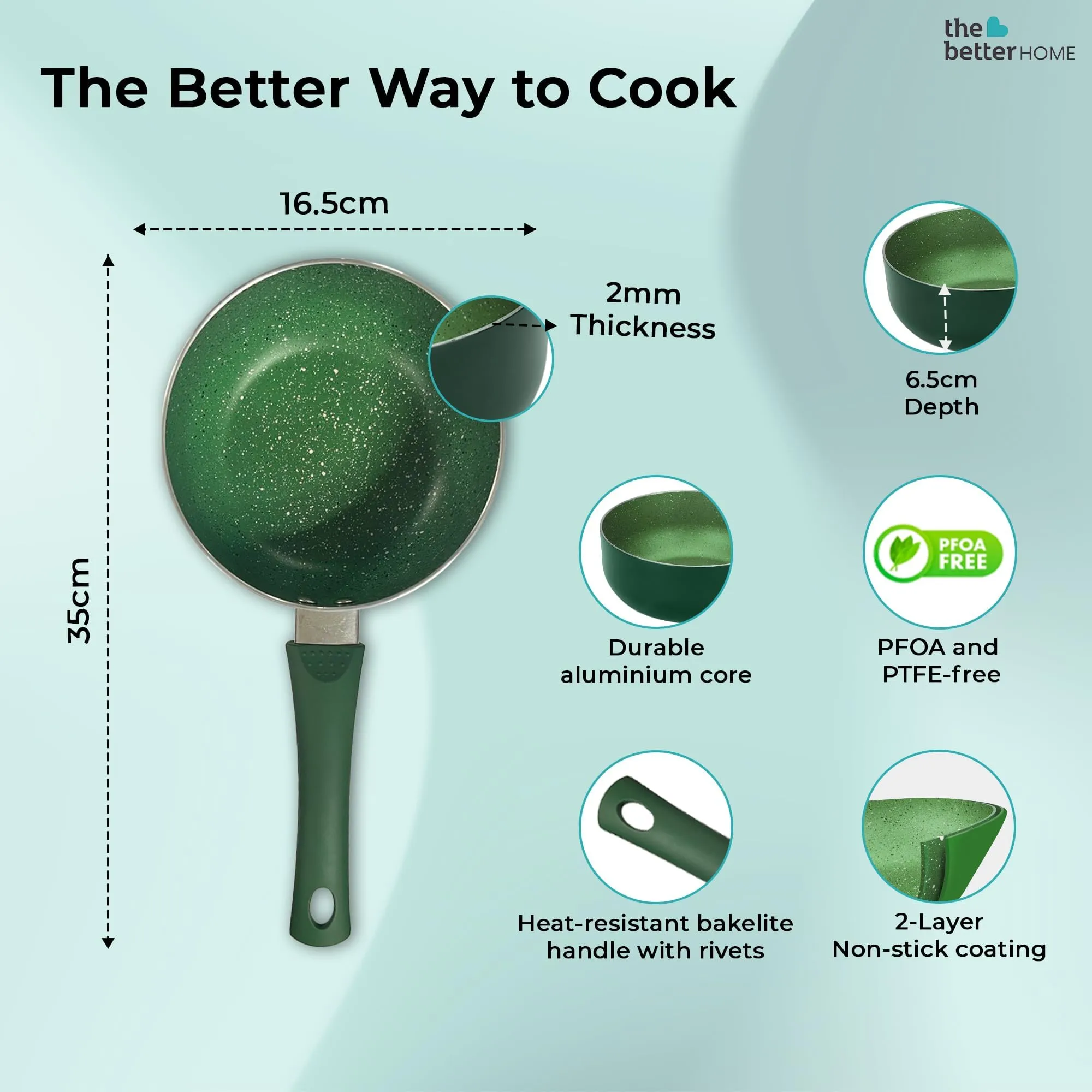 The Better Home Non Stick Aluminium Sauce Pan (1L)|Gas Cookware|Small Milk Tea Boiling Pan|Long Bakelite Handle|Easy Grip Handle|3 Layer Non Stick Coating|Non-Toxic & Lightweight, Green