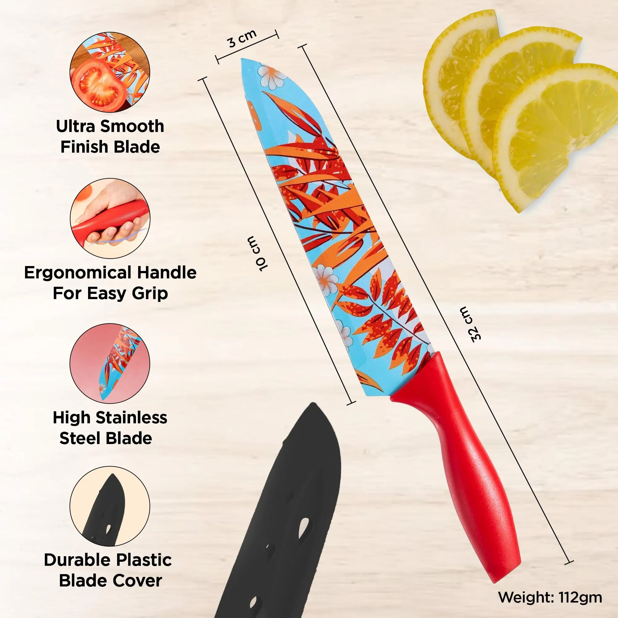 UMAI Sharp Knife for Kitchen (7.5 Inch) Chef Knife | Chaku Knife | Printed Knife| Nife | Chopping Knife | Steel Kitchen Knife with Cover | Chopper Knife for Kitchen (Multi)