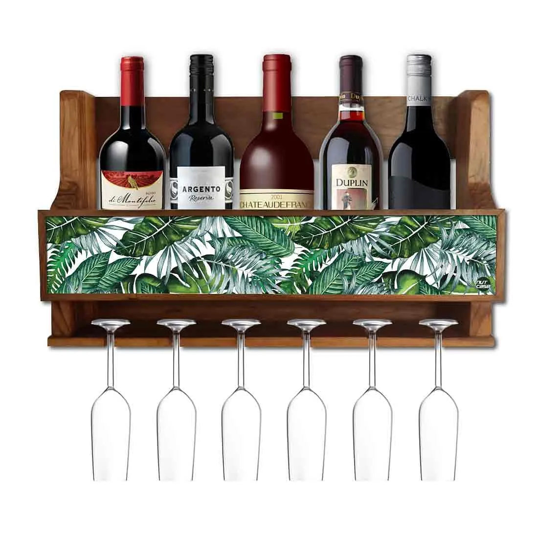 Wall Mounted Wine Glass Rack Mini Bar for 5 Bottles 6 Glasses - Green Leaves