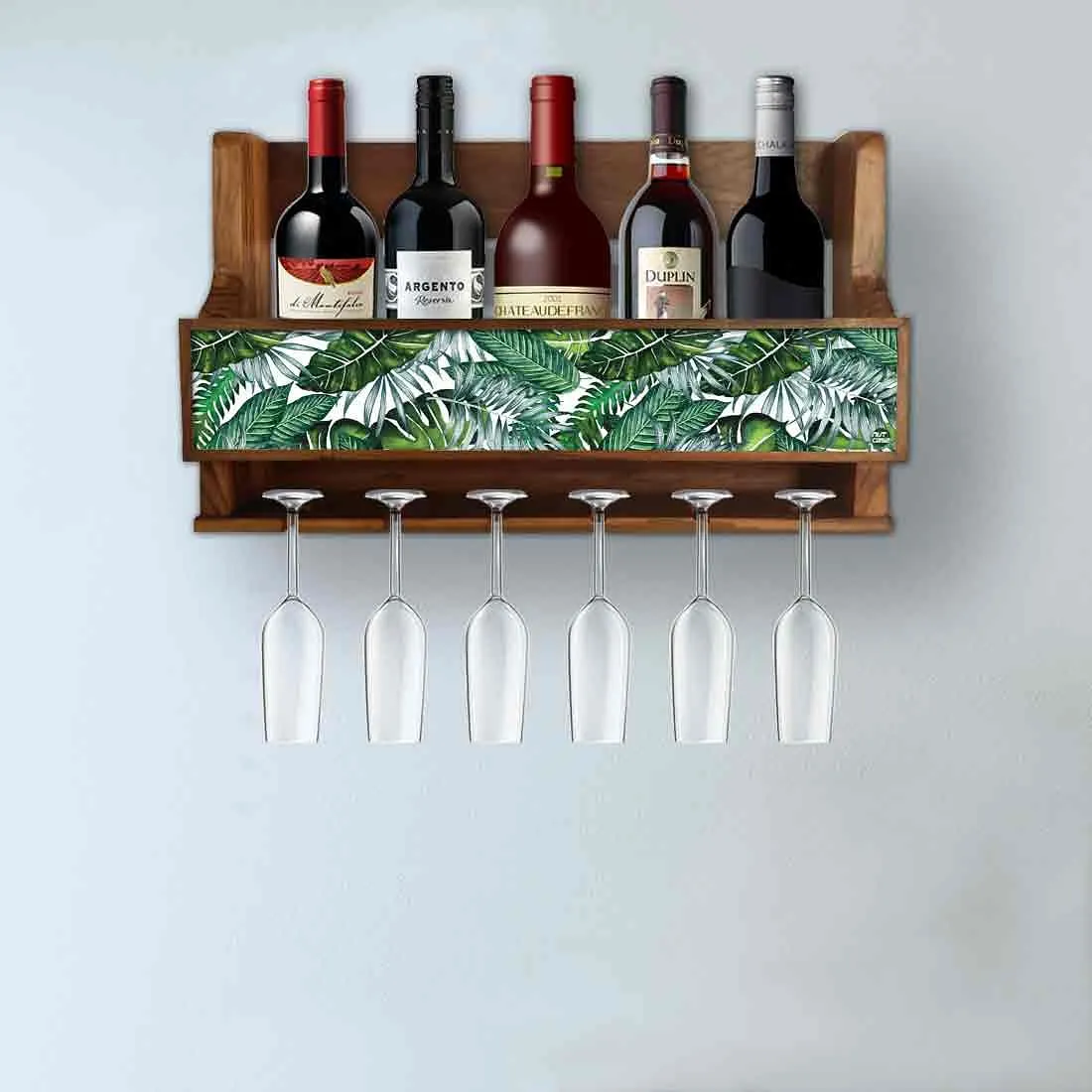 Wall Mounted Wine Glass Rack Mini Bar for 5 Bottles 6 Glasses - Green Leaves