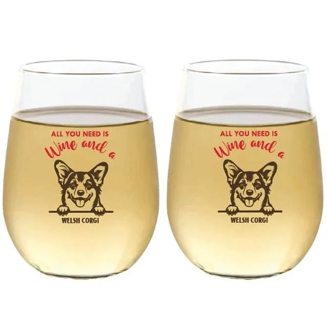 Wine-Oh! 2-Piece Stemless Shatterproof 16 oz. Wine Glasses, Welsh Corgi