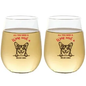 Wine-Oh! 2-Piece Stemless Shatterproof 16 oz. Wine Glasses, Welsh Corgi